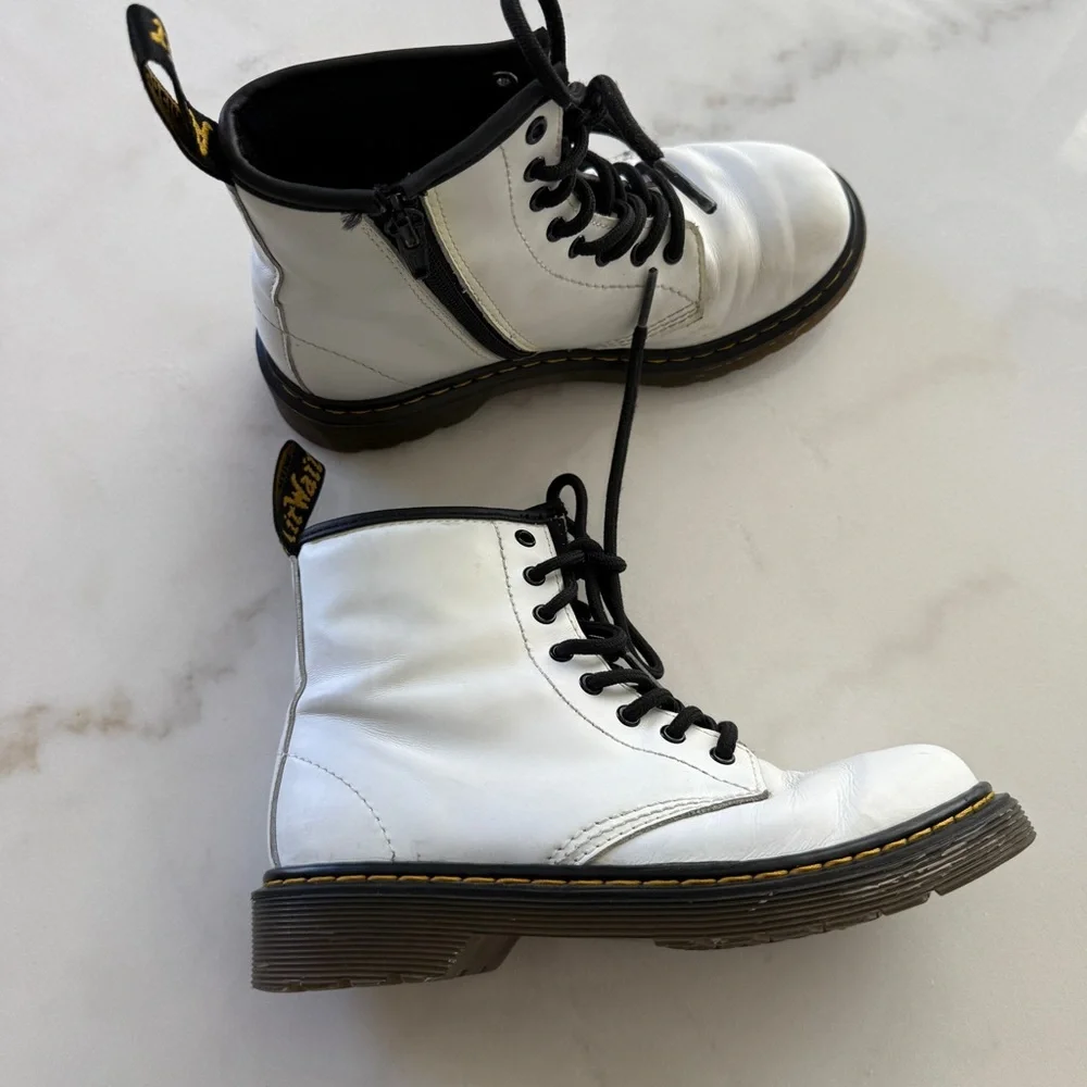 Dr. Martens White and Black Kids Leather Lace-Up Boots